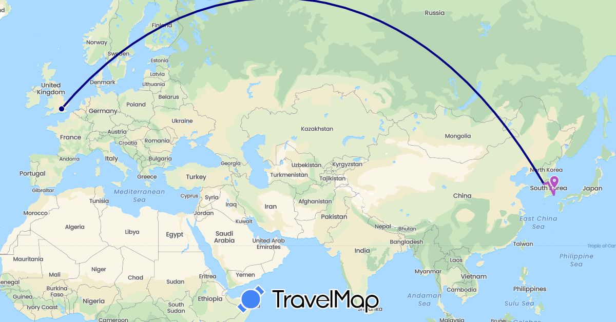 TravelMap itinerary: driving, train in United Kingdom, South Korea (Asia, Europe)